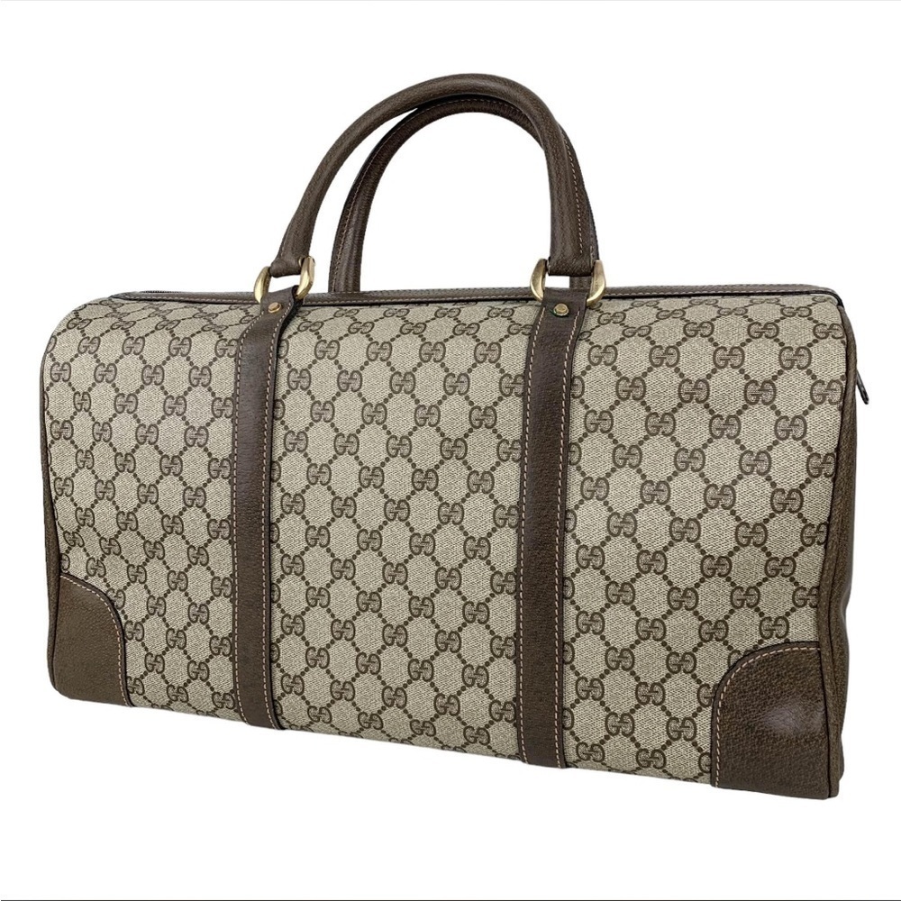 Vintage Gucci GG Supreme Boston Bag Travel Duffle Brown Monogram Leather Trim - Picture 4 of 15